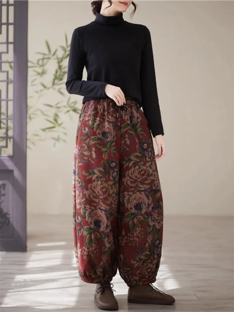 Женские утепленные брюки на шнуровке повседневные в китайском стиле с принтом