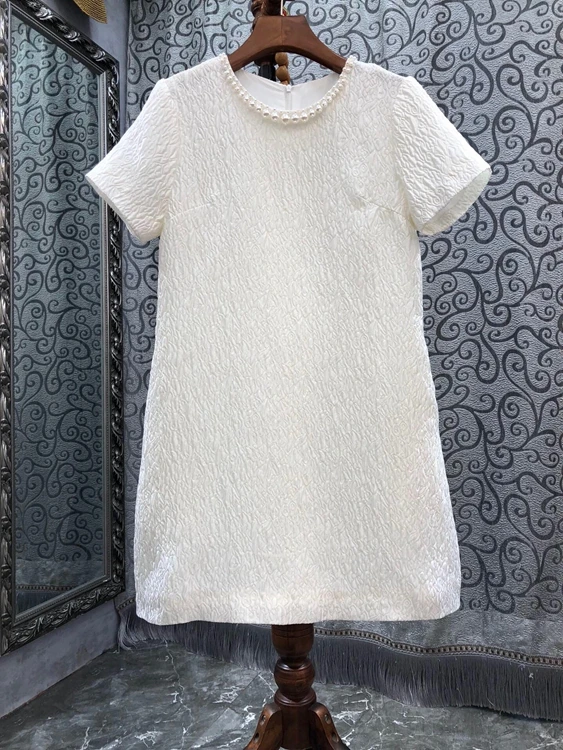 

2022 new women fashion jacquard bubble fabric neckline beaded short sleeve silhouette dress 510