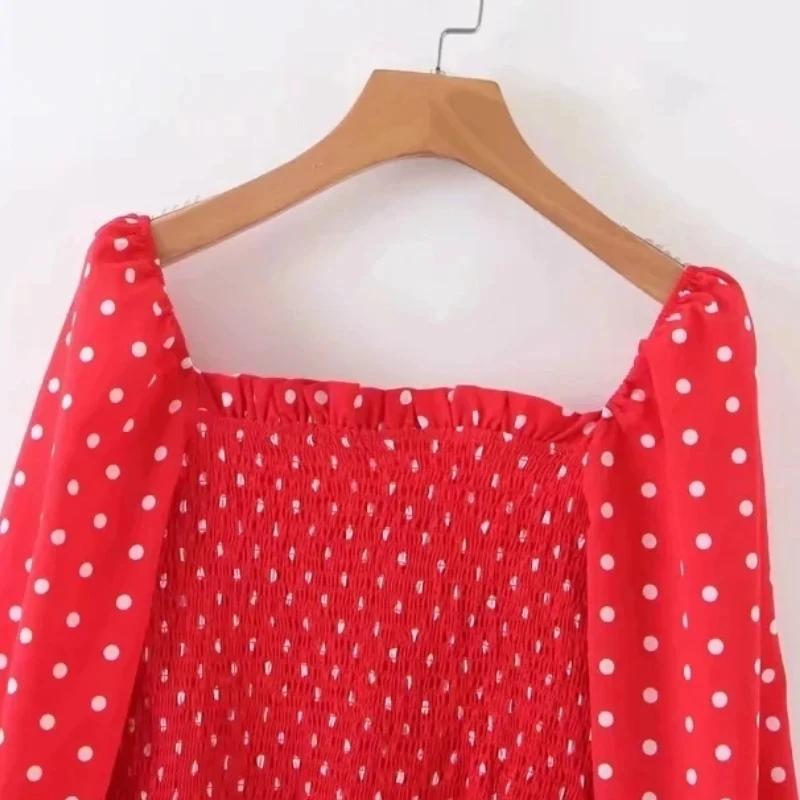 Женская рубашка в горошек с квадратным воротником и длинным рукавом S6589