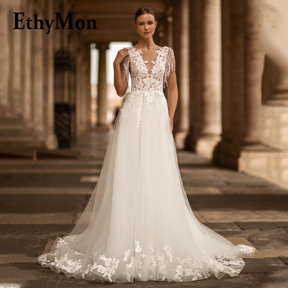 

Ethymon Sequined Tassel Tulle V-neck Wedding Dresses For Bride A-LINE Court Train Backless Appliques Customised Robe De Mariée