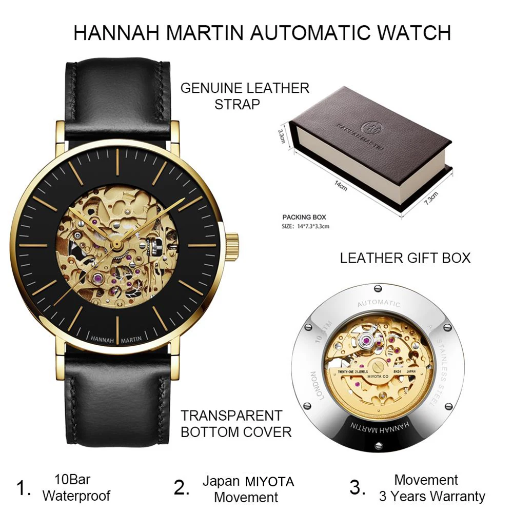 Hannah Martin Men's Mechanic Watch MIYOTA 8N24 Movement Top Leather Strap Sapphire Mirror 10ATM Waterproof Standard Dive Watches