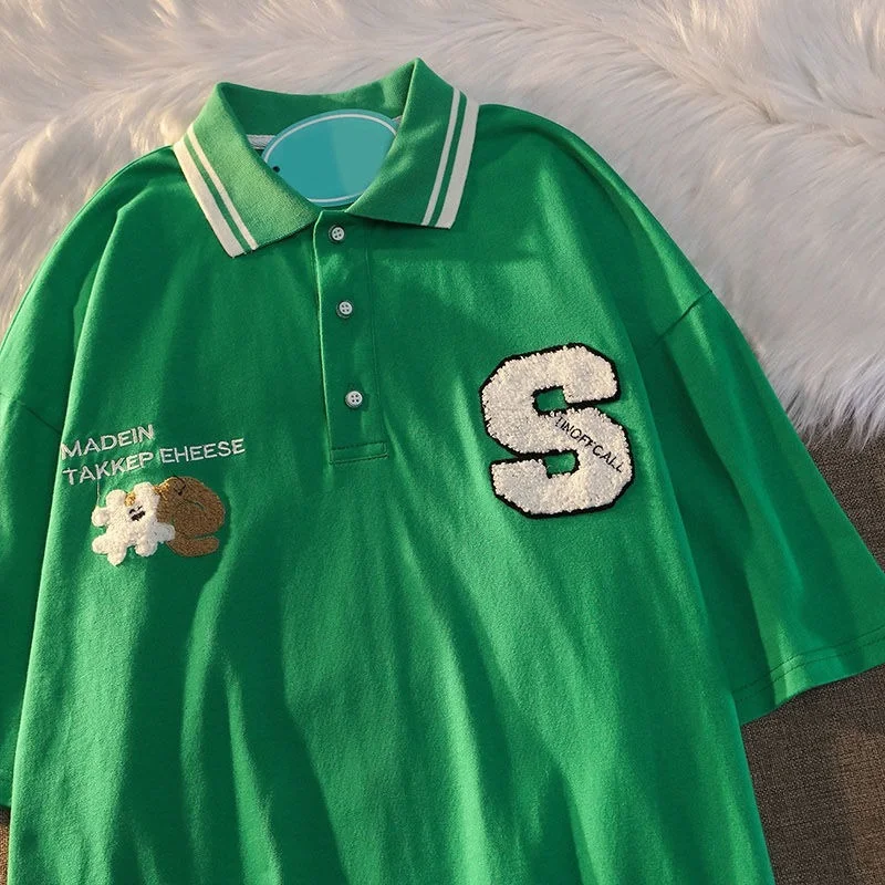 

Футболка-поло в стиле Харадзюку, винтажная зеленая рубашка-поло из чистого хлопка с коротким рукавом, в стиле преппи, для пар, для подростков...