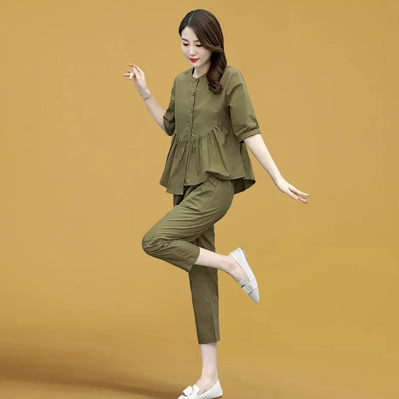 Женский летний костюм из рубашки с коротким рукавом и брюк Модный повседневный