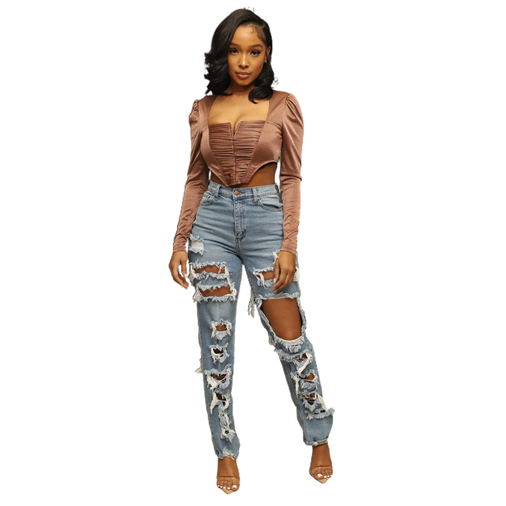 

Women ripped jeans casual pants elastic mid waist fashion streetwear female outfits