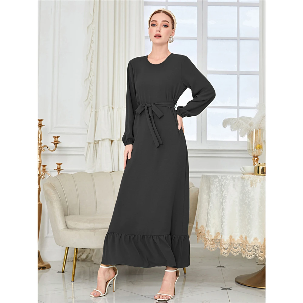 

Women Casual Elegant Long Dress Solid Color Long Sleeve Belted Maxi Robe Middle East Muslim O-neck Spring Summer Islamic Vestido