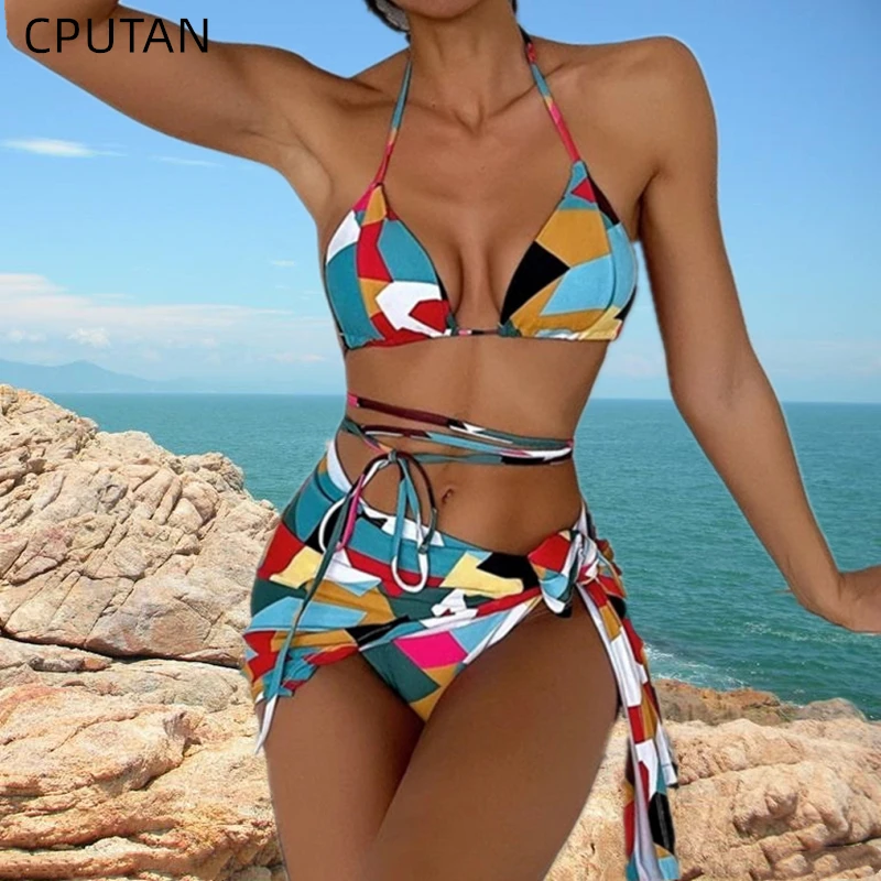 

CPUTAN Sexy 3 Piece Bikini Set With Cover Up Swimsuit Women Criss Cross Swimwear Halter Thong Biquinis Female Beachwear 2022 New