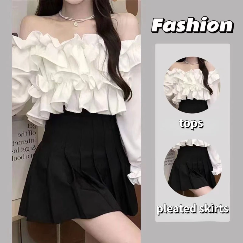 

Sets Women Slash Neck Hotsweet Ruffles Temperament Long-sleeve Tops Pleated Mini Skirts Korean Style Solid Fashion Princess Chic