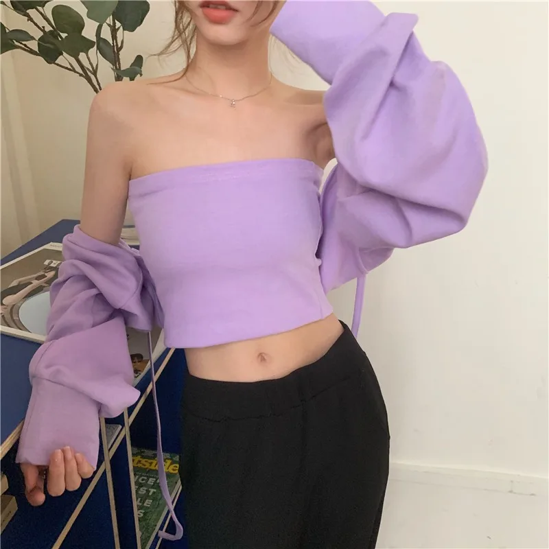 

Women Fashion Sexy Casual T-shirts Two-piece Suit 2021 New Summer Women's Thin Shawl Top Tube Tops All-match Long Sleeve Tees
