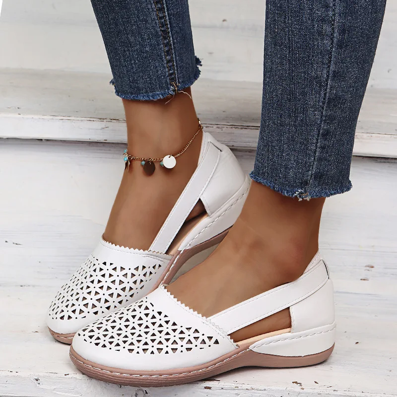 

Women Hollow Out Flats Wedges Shoes Slip on Summer Lady Thick Sole Sandals New Female Casual Shoes PU Leather Vintage Footwear