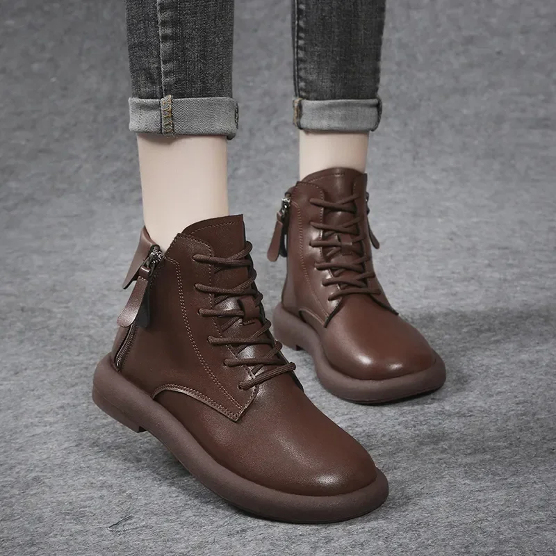 

Women‘s Snow Ankle Boots Winter Leather Autumn Winter Flat Shoes Vintage Boots Comfortable 2023 Boots for Women Lace Up Boots