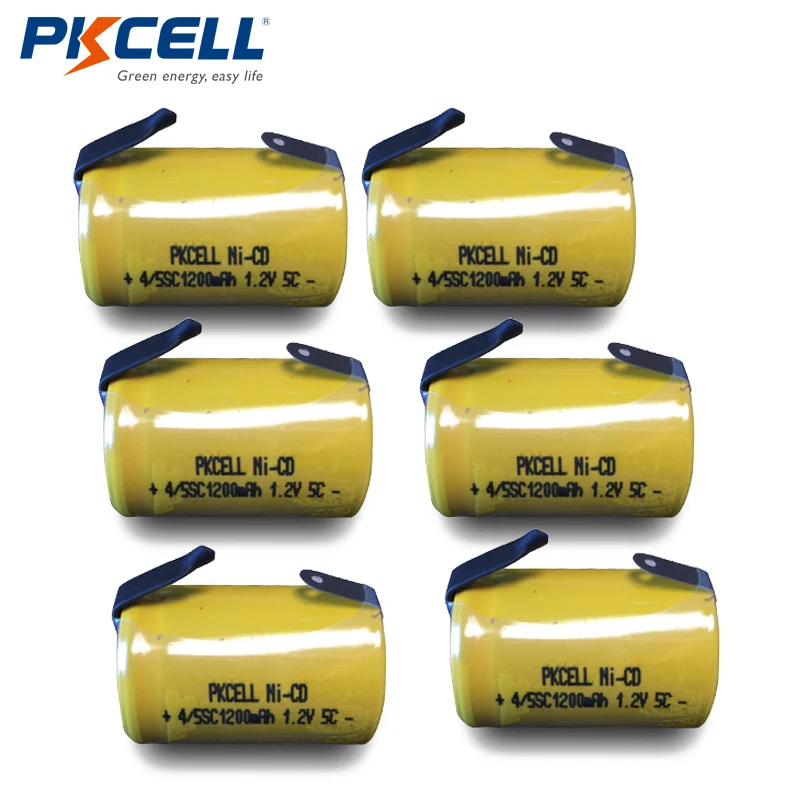 

6pcs/lot PKCELL Ni-CD 1200mAh 1.2V 4/5SC Sub C NiCd Rechargeable Battery Flat Top with Tabs