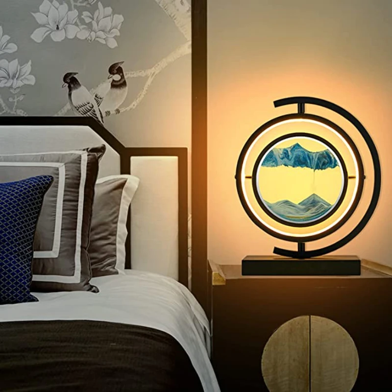 Quicksand Art LED Bedside Table Lamp Night Light Bedroom Light Sand Scene Dynamic Round Glass Hourglass Table Lamp