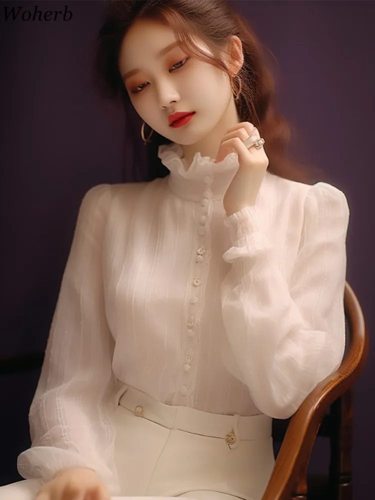 Летняя универсальная блузка женские рубашки с рюшами и пышными рукавами 2024 Blusas