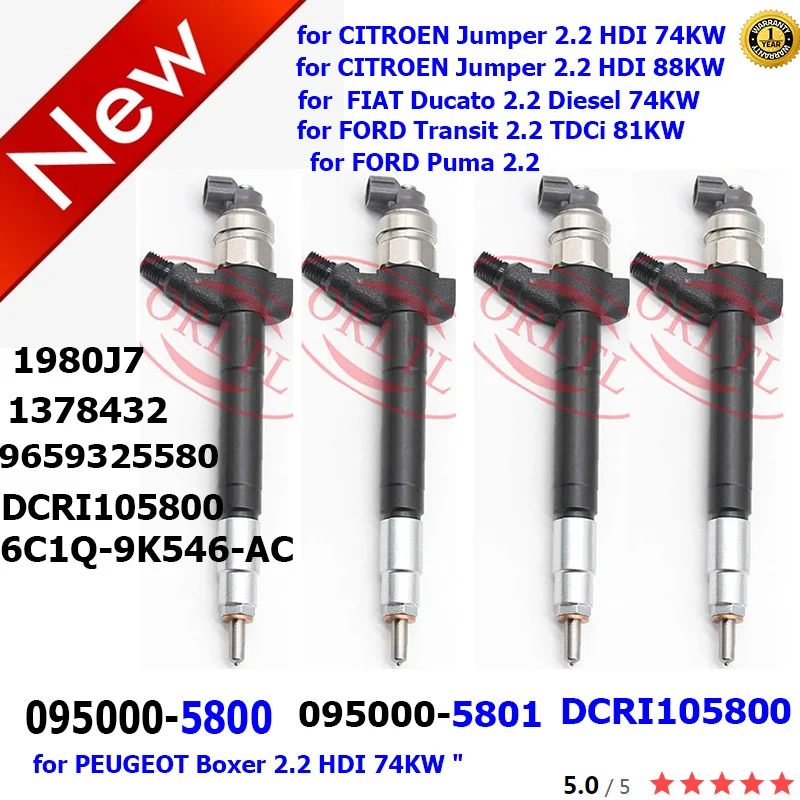 4PCS New 095000-5801 5801 Genuine Diessel Fuel Injector 0950005801 for FIAT Ducato 2.2 Diesel 74KW FORD Transit TDCi 81KW