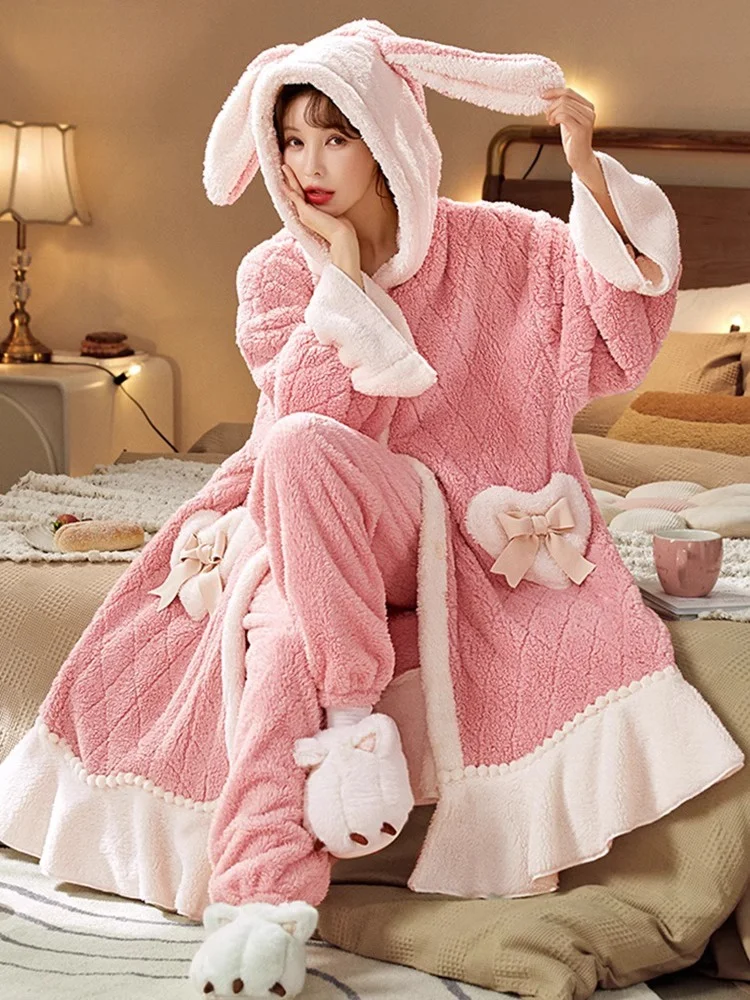 Yu Zhaolin Women Autumn and Winter Fleece-lined Thickened Pajamas Cute Sweet Nightgown Coral Fleece Homewear Set Can Be Worn ...