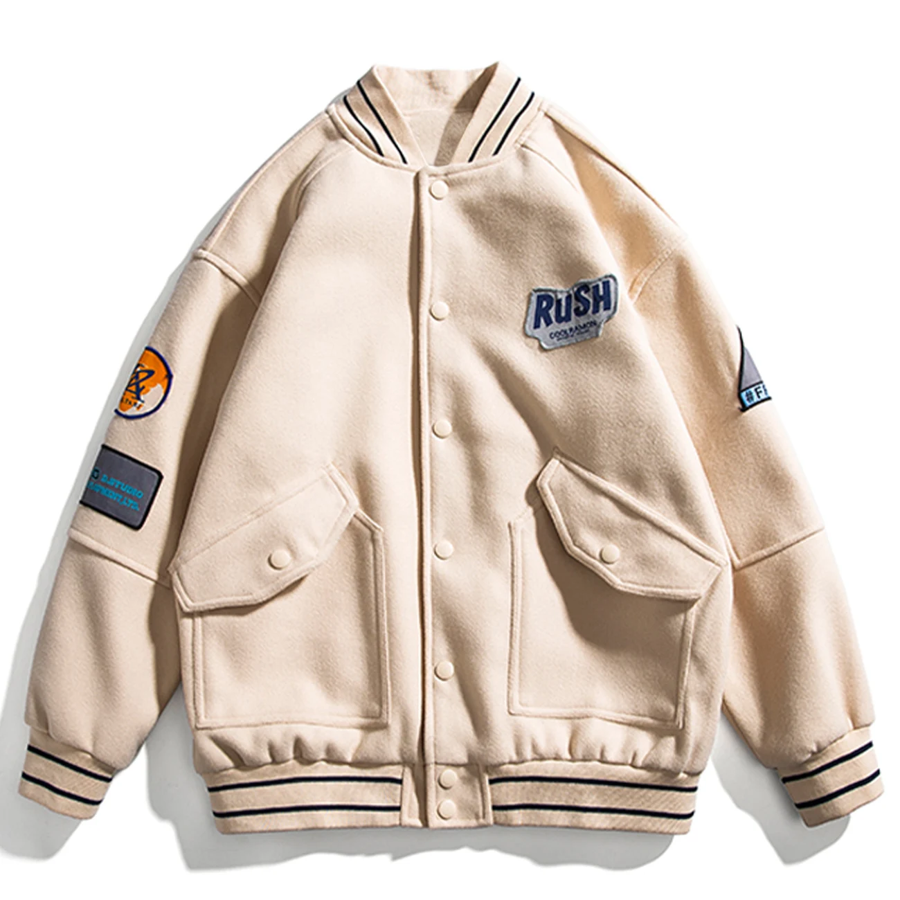 

Streetwear Baseball Jacket Bomber Jacket Coats Men Women Spring Harajuku Patchwork Color Block Varsity Jackets Beige