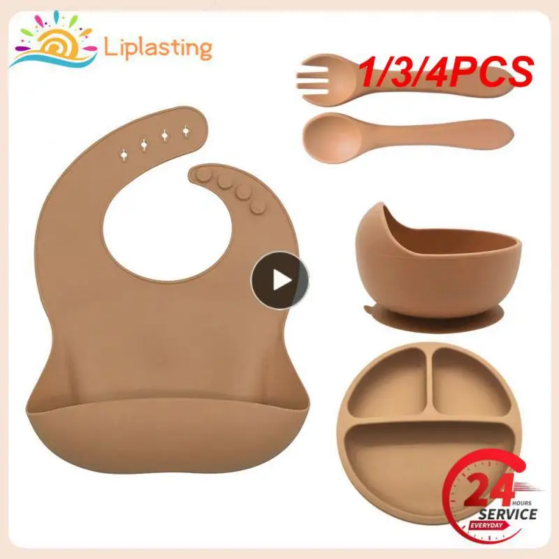 

1/3/4PCS Silicone Baby Feeding Set BPA Free Suction Bowl Divided Plate Wooden Handle Spoon Fork Silicone Bibs Children Tableware