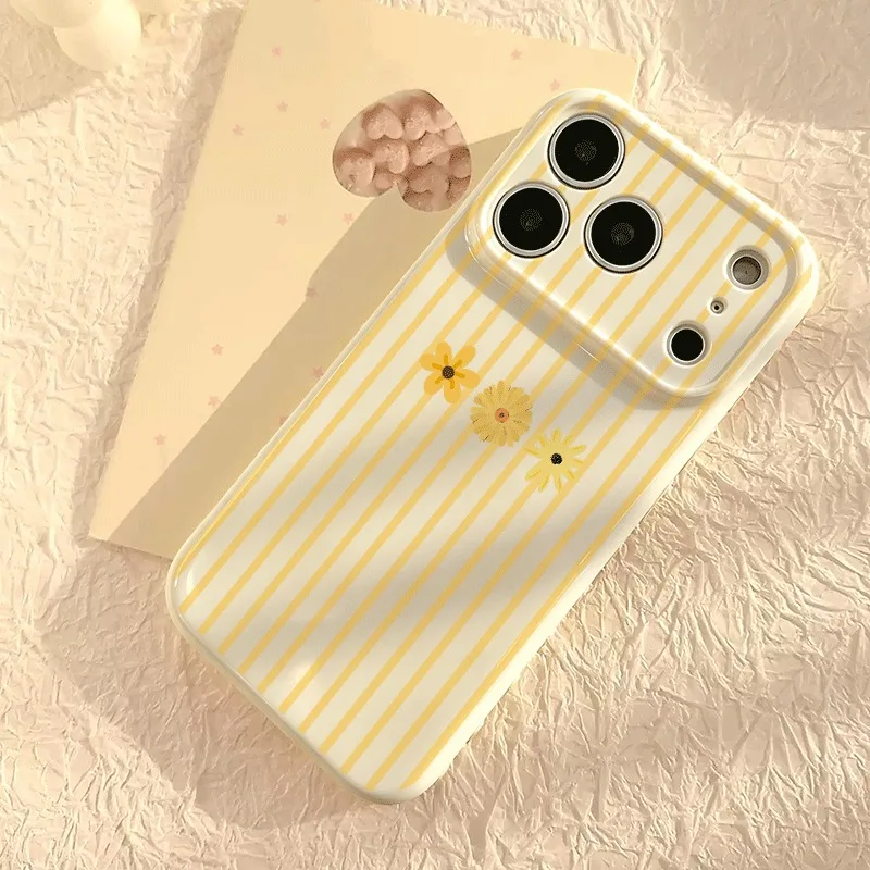 Фото Чехол для iPhone 17 16 Pro Max 15 14 Plus 13 12 Pro 11 12 13 14 15 16 17 с полосатым узором, маленькими желтыми цветами и срезами лимона №3