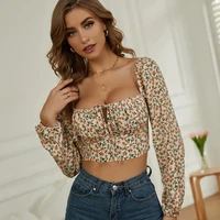 summer crop tops beach backless floral printed shirts for women sexy new square collar short chiffon blouse kawaii clothes retro