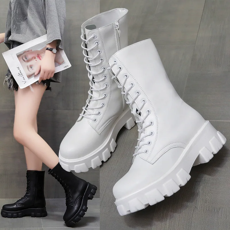 Autumn Winter New Women Boots Motorcycle Platform Boots Woman PU Leather Plus Size Shoes Ladies Casual Fashion Boots Female
