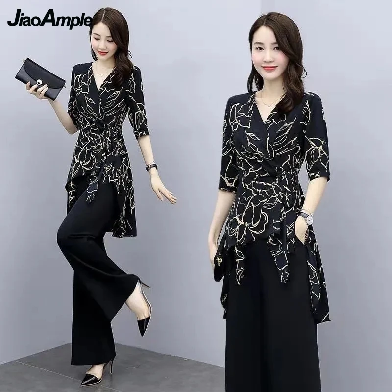 

Women Summer Fashion Print 2 Piece Set Korean Elegant Irregular Blouse + Wide Leg Pant Suit Female Casusal Vintage Top Trousers