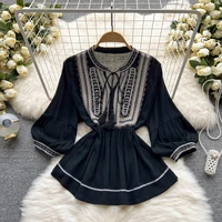 white black loose cotton linen lantern sleeve blouses women 2022 summer embroidery shirts casual bow tie neck shirt lady tops