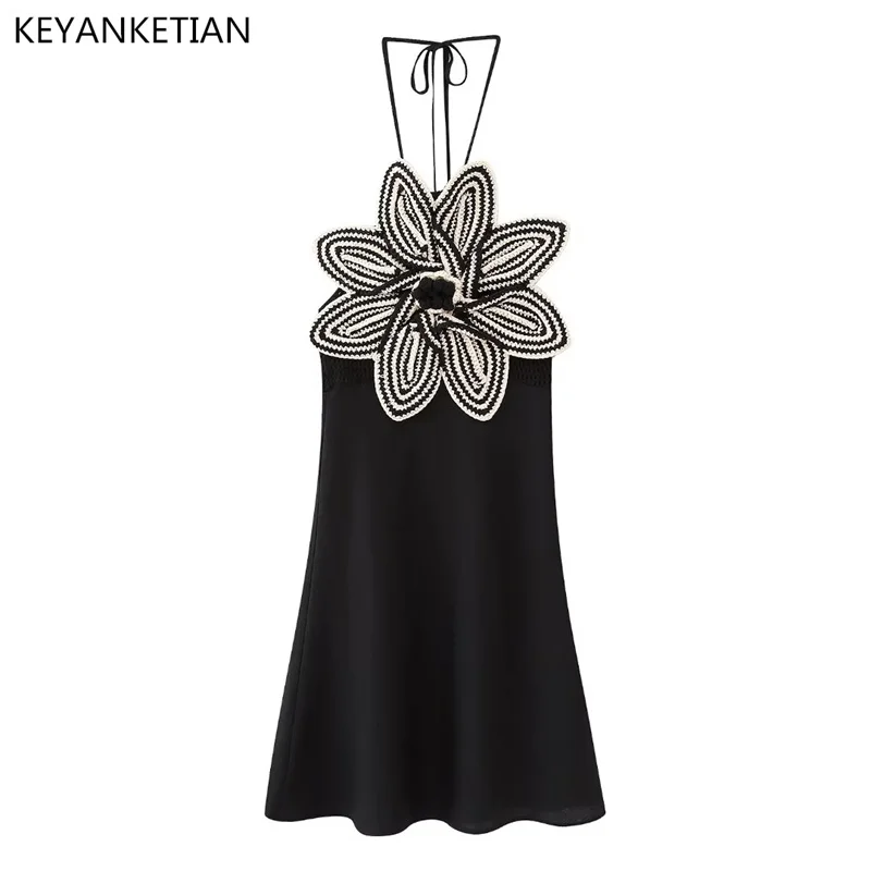 

KEYANKETIAN Summer New Flower Crochet Decoration High Waist Knitted Stitching Suspender Dress Resort Style Backless Mini Skirt