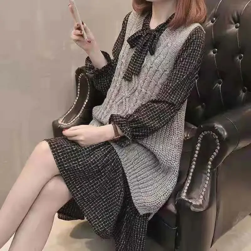 Fashionable Knitted Pullovers Set For Women New Arrival Spring Autumn Loose-Fit Plus Size Vest Sweater And Skirt 2-Piece