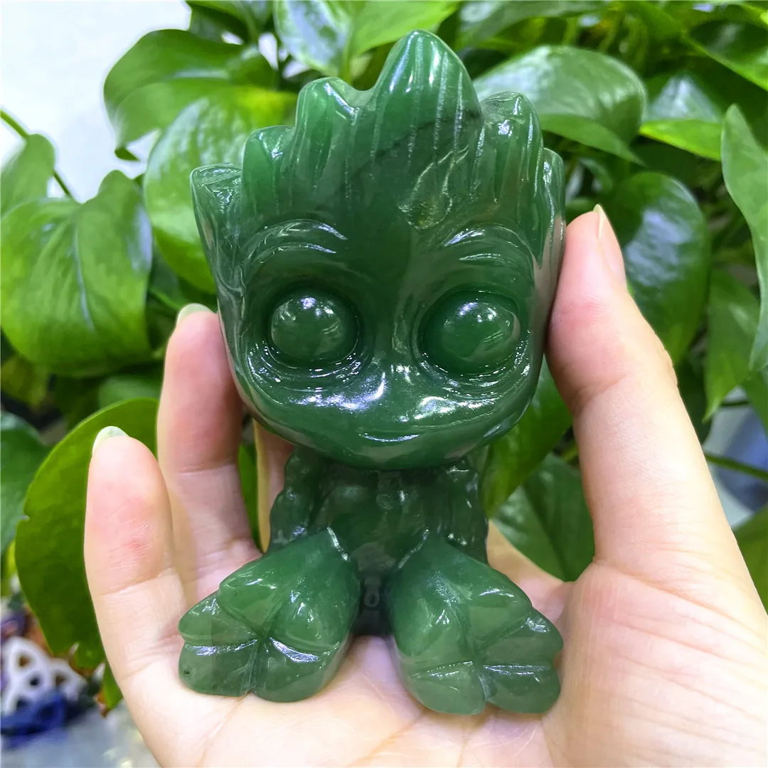 

9-10CM Natural Black Obsidian Strawberry Crystals Aventurine Carving Super Hero Groot Tree Man Figure Statue Decorative Rocks