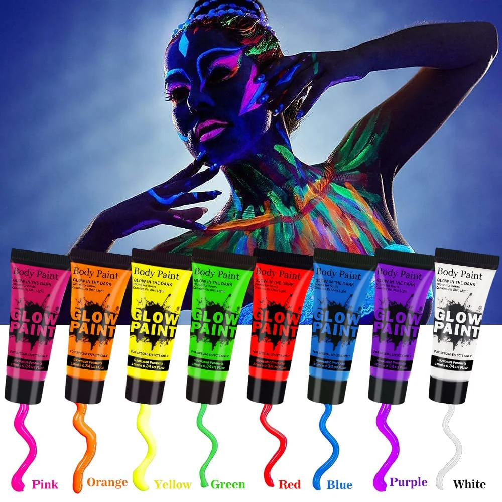 Body Face Paint Glow in the Dark Face Paint for Kids With Stencils UV Neon Fluorescent Art Painting Halloween Party SFX Makeup