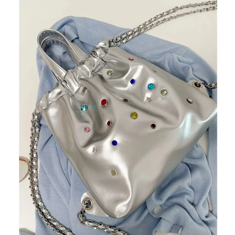 

2023 Korean Fashion Casual Women's Bag Soft Leather Panel Colorful Chain Backpack Large Capacity Drawstring Handheld Backpack