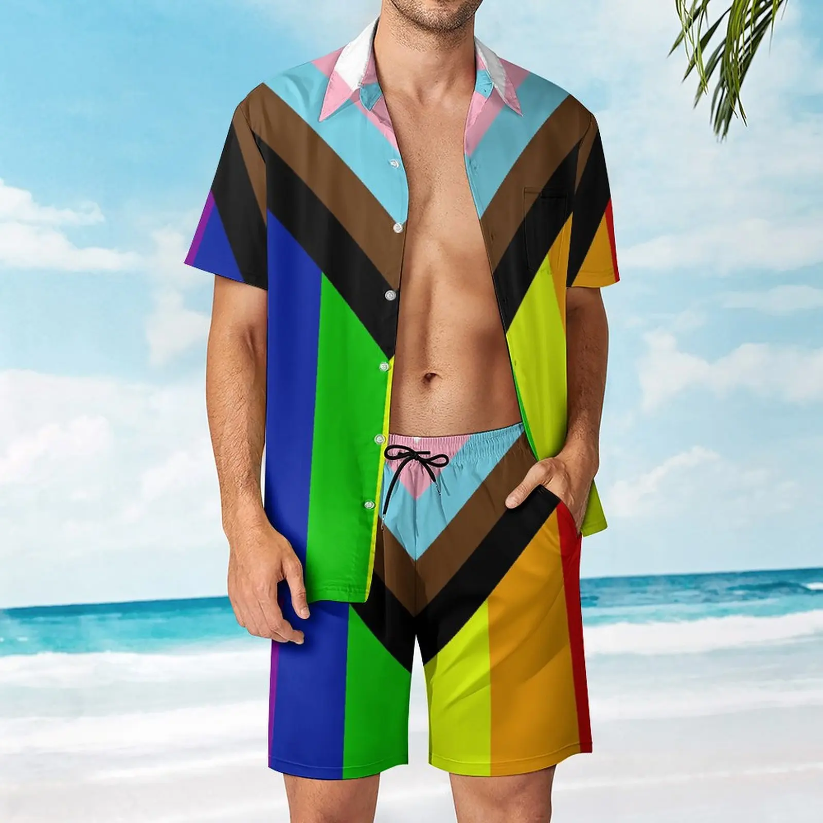 

“Progress” Pride Flag Men's Beach Suit Graphic Cool 2 Pieces Pantdress Vintage Beach Eur Size