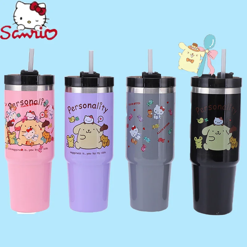

Sanrio, Hello Kitty Pompompurin мультяшная детская чашка из нержавеющей стали, кавайная, вместительная, соломенная, сохраняющая холодную воду чашка