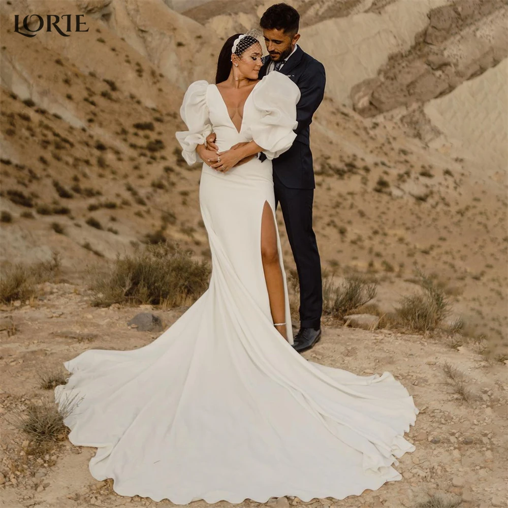 

Роскошные свадебные платья LORIE с юбкой-годе, глубоким V-образным вырезом, эластичным разрезом сбоку, пышными рукавами, свадебные платья, сексуальное пляжное платье