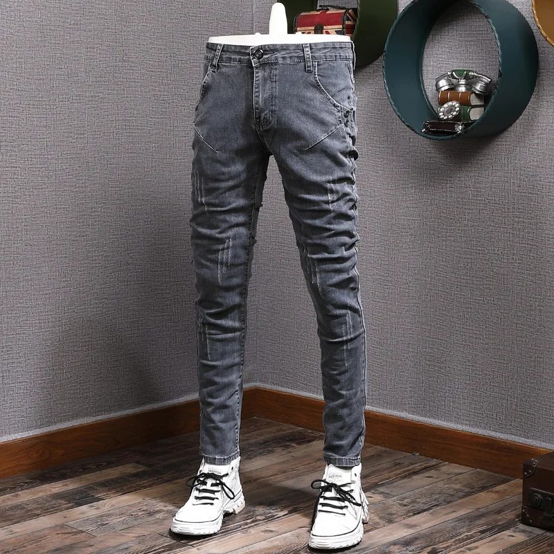 

Fashion Designer Men Jeans Retro Gray Stretch Slim Ripped Jeans Men Elastic Trousers Vintage Casual Denim Pencil Pants Hombre