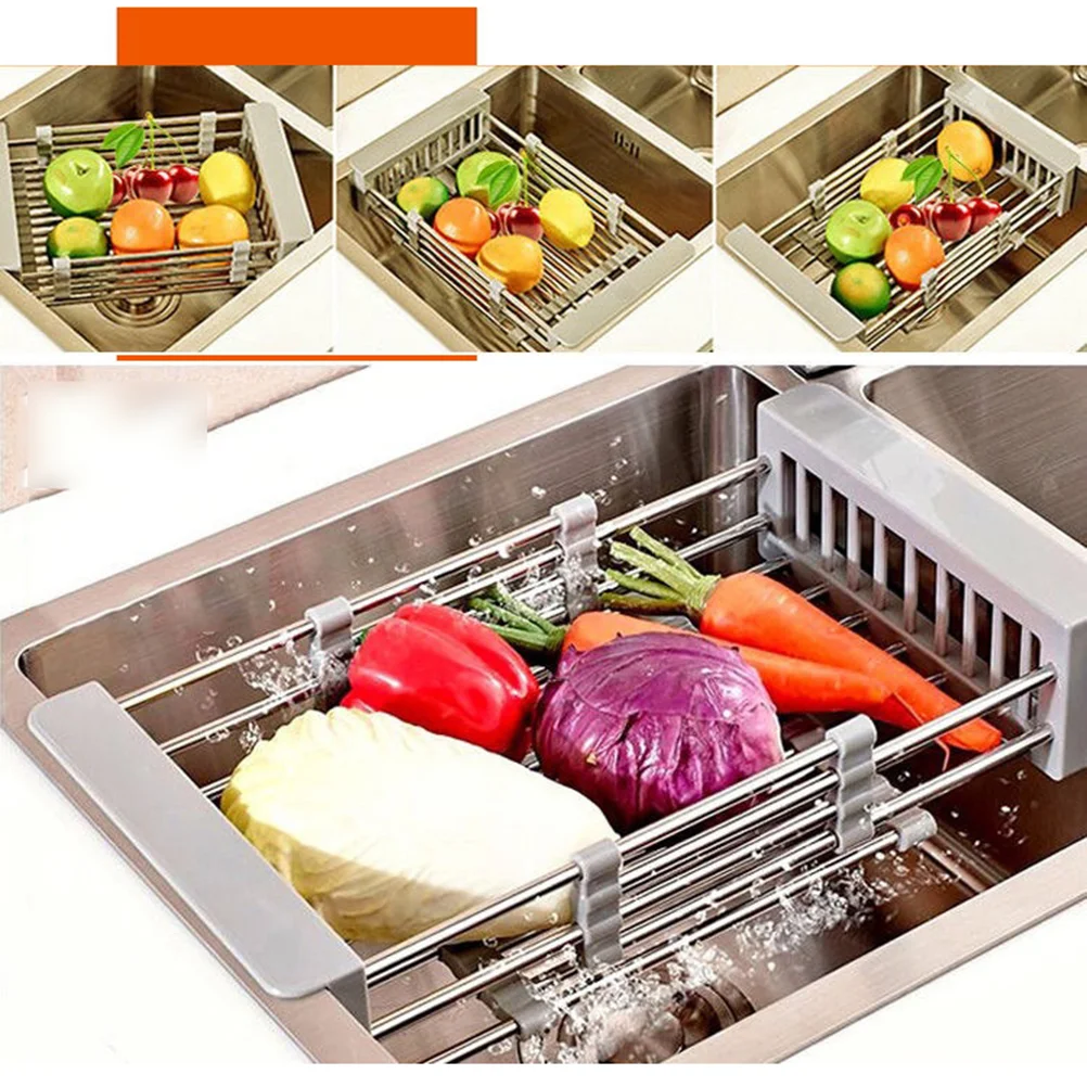 

Drain Basket Rectangular Sink Dish Rack Practical Stainless Steel Telescopic Fruits Vegetables Draining Drying