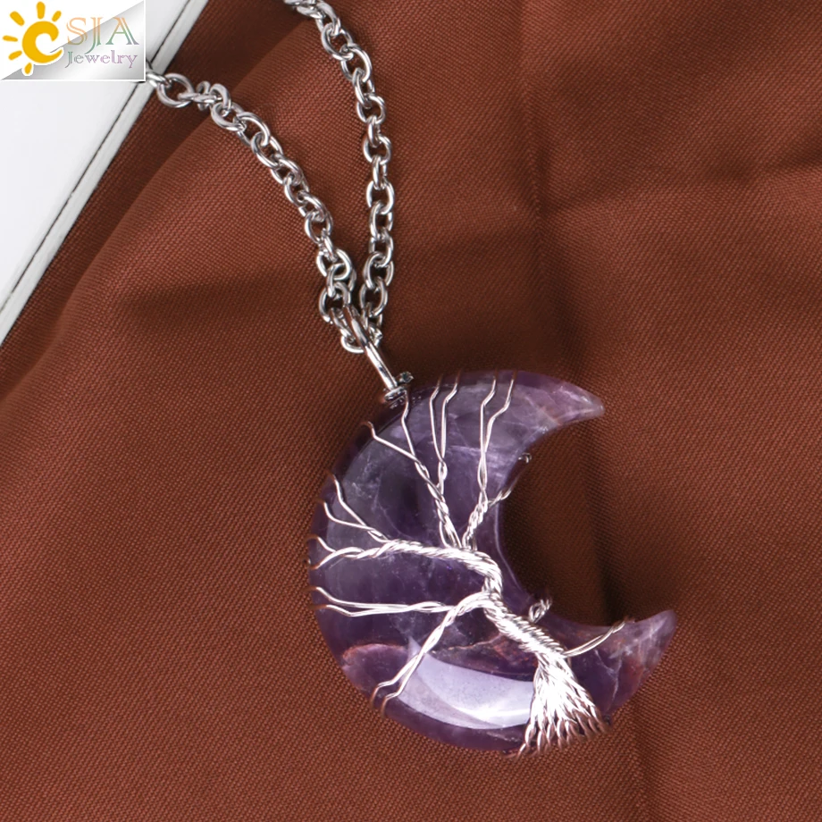 CSJA ожерелье с подвеской из натурального кристалла в форме Луны Дерево жизни