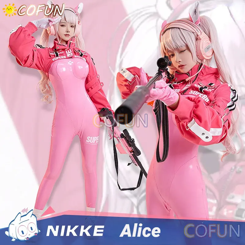 

COFUN NIKKE Cosplays Nikke Alice Cosplay Costume Pink Jumpsuit Jacket Halloween Costumes Women Wig Shoes Bodysuit Latex Catsuit