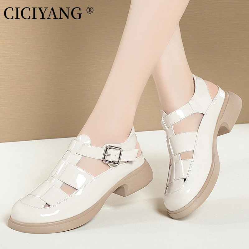 CICIYANG Baotou Roman Sandals for Women 2023 New Summer Woven Openwork One-line Buckle Ladies Shoe Low Heel Black Beige Handmade