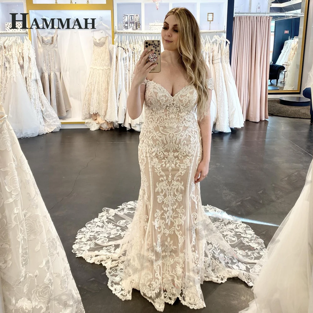 

HAMMAH Trumpet Lace Appliques Wedding Dresses For Women Off The Shoulder V Neck Lacing Up Vestidos De Novia Brautmode Customised