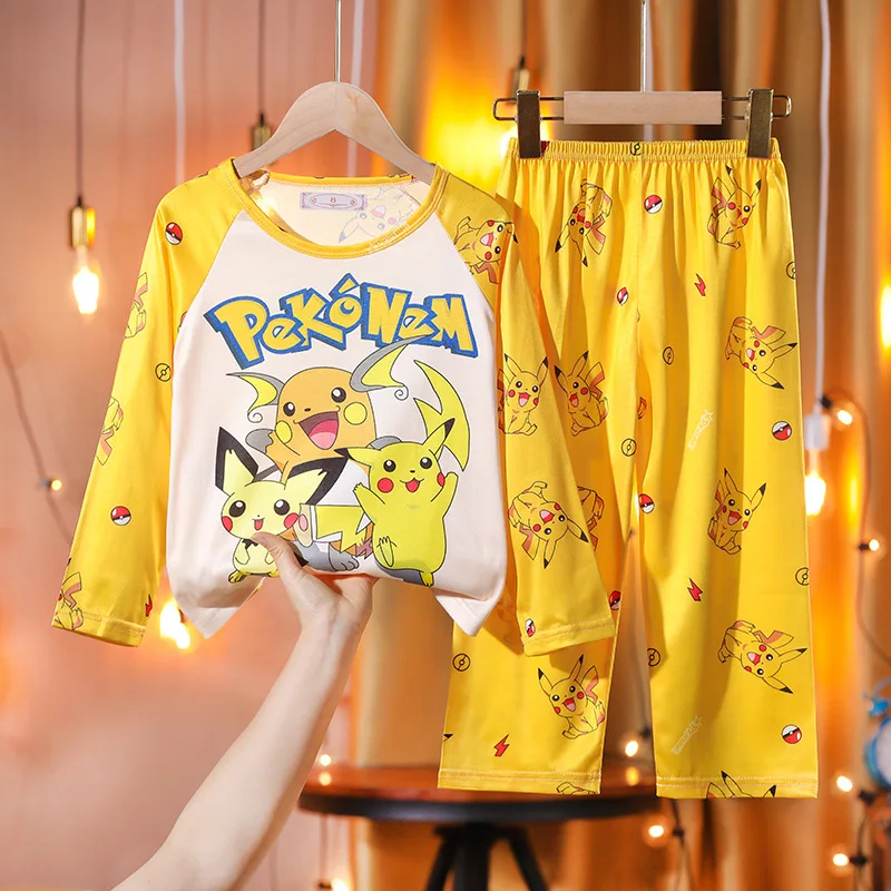 Pokemon Pajmas Anime Pikachu Autumn Cotton Children Pyjamas for Boys and Girls Sets Kids Home Wear Travel Casual Sleepwear Suit images - 6