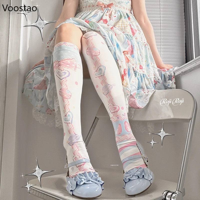 Sweet Lolita Socks Velvet Bow Dessert Printing Thigh High Sock Janpanese Soft Girls Knee Socks Spring Autumn Overknee Stockings