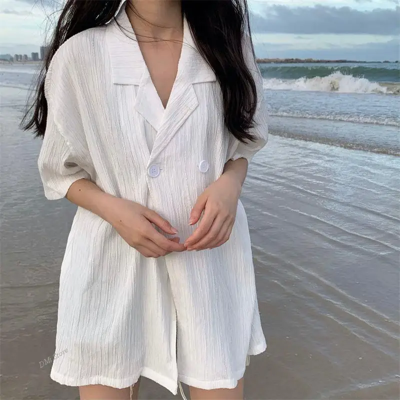 

Chic Casual Thin Notched Femme Shirts Women Design Double Breasted Loose Cozy All Match White Pure Summer Korean Style Tops