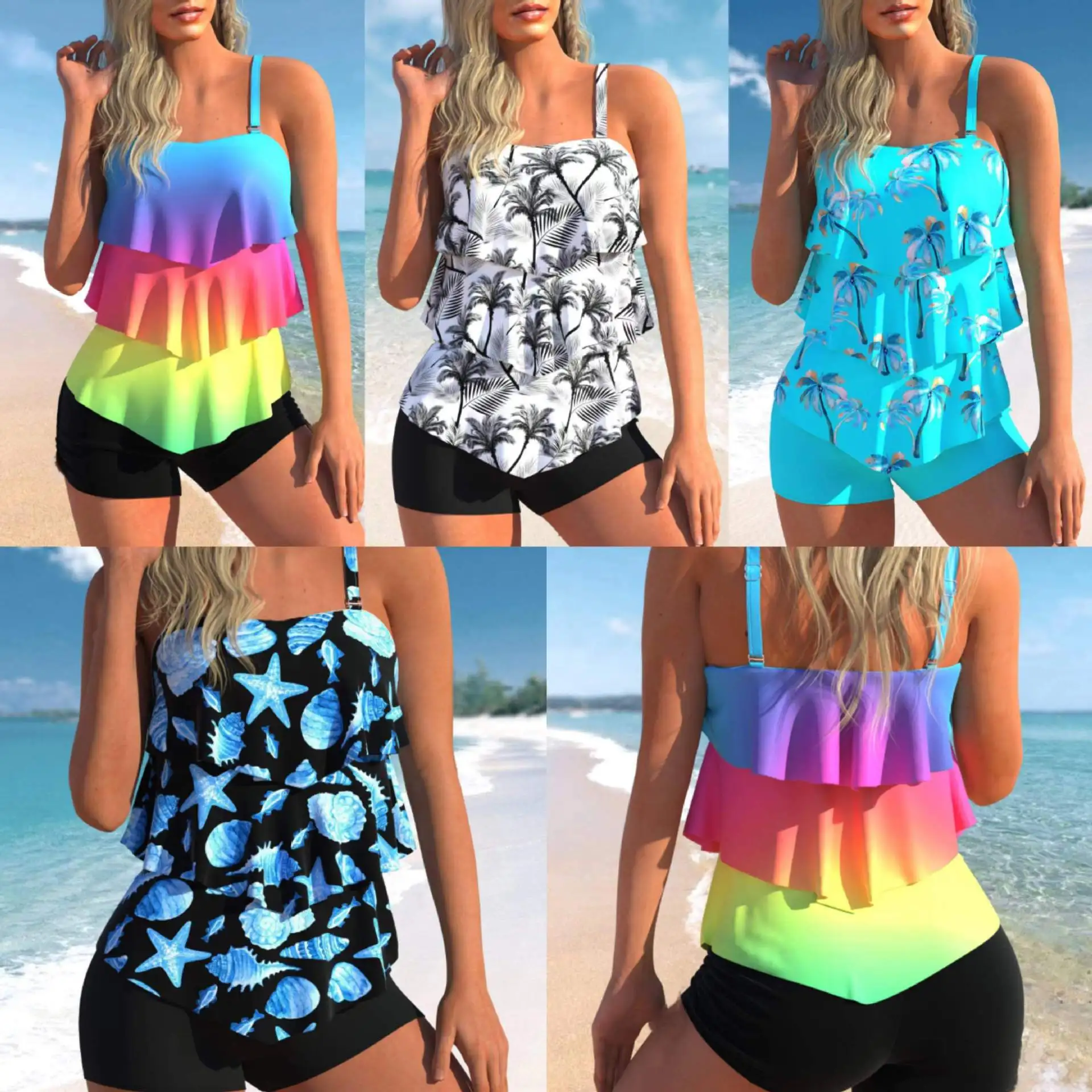 

Summer Women Tankini Sexy Monokini Beachwear 3D Print Swimming Trunks High Waist Two-piece Set Fashion Swimsuit Loose Swimwear