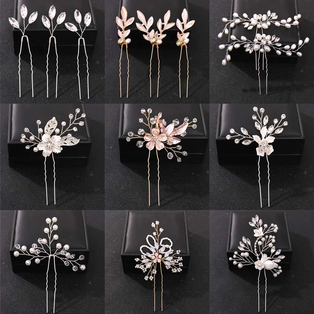 

Crystal Pearl Flower Hair Pins Clips For Women Bride Hair Jewelry Wedding Hair Accessories Rhinestone Party Hairpin Headpiece