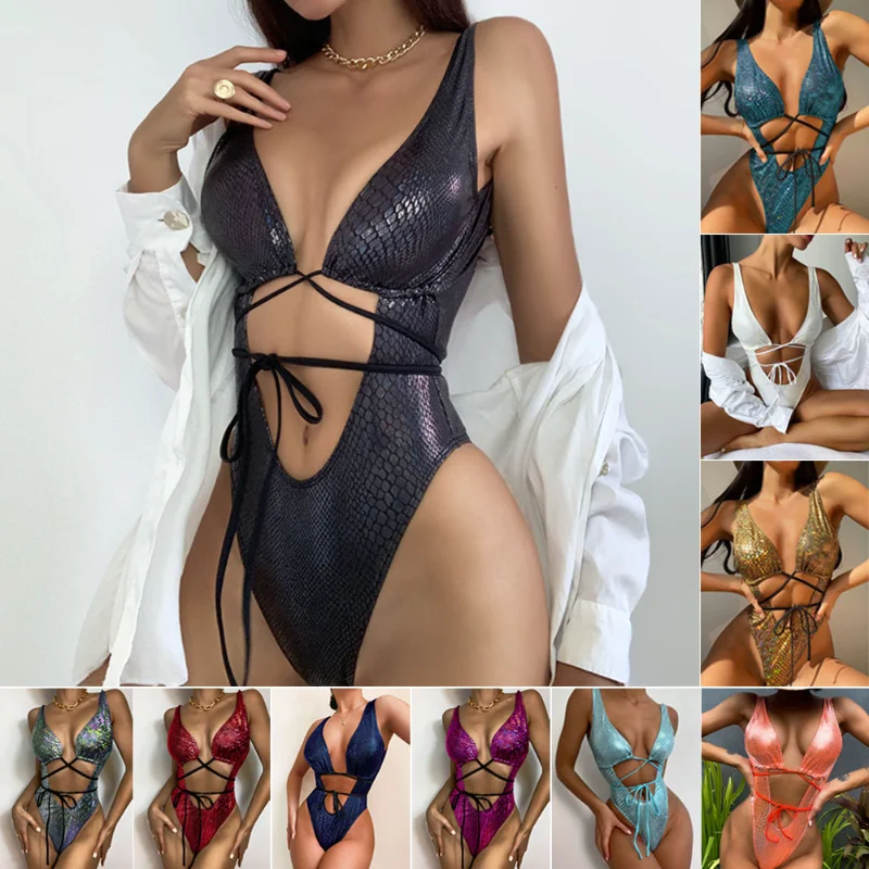 

Women's Sexy Snakeskin One Piece Swimsuit Metallic Rave Outfit Bathing Suits