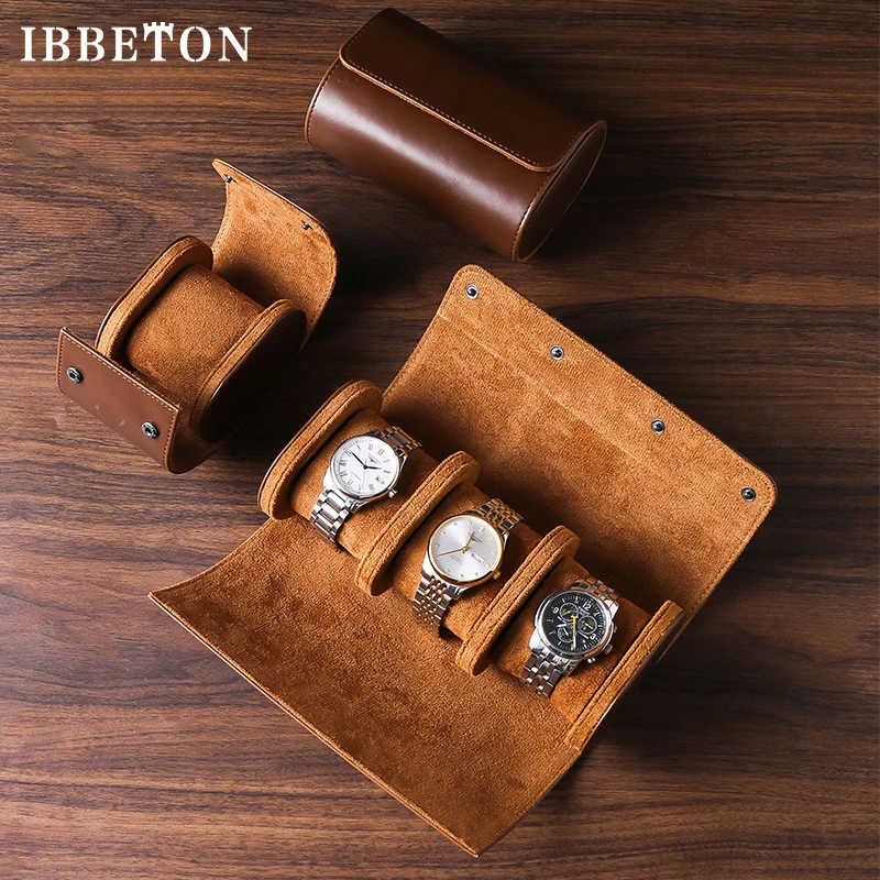   IBBETON 3 슬롯 시계 롤 여행 케이스, 휴대용 빈티지 가죽 시계 디스플레이 케이스, 시계 보관함, 남자 선물 정리 