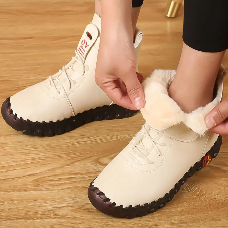 

Ankle Boots for Women's 2023 New Autumn Winter Ladies Leather Cotton Boots Shoes Female Round Toe Lace-up Beige Fashion Booties