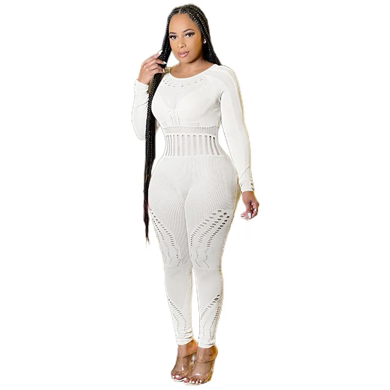 European-american Autumn 2023 Women's New Sexy Mesh Perspective Hollow Solid High Waist Tight Casual Jumpsuit