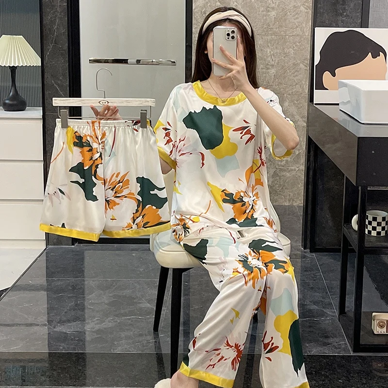 

Лето 2022, шелковые атласные пижамные комплекты с коротким рукавом для женщин, корейские милые шорты, одежда для сна, костюм, пижама, женская о...
